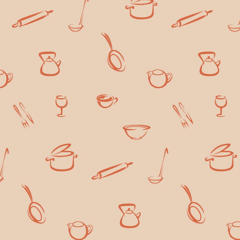 Culinary-themed wallpaper design with bright orange accent colour in living space