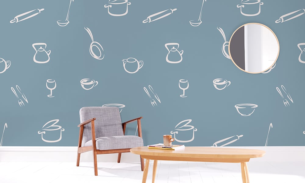 Blue wallpaper design with large-scale kitchen illustrations 