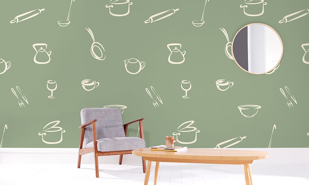 Green wallpaper design with large-scale kitchen illustrations 