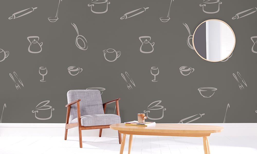 Kitchen-themed illustrated wallpaper with large-scale pattern in grey