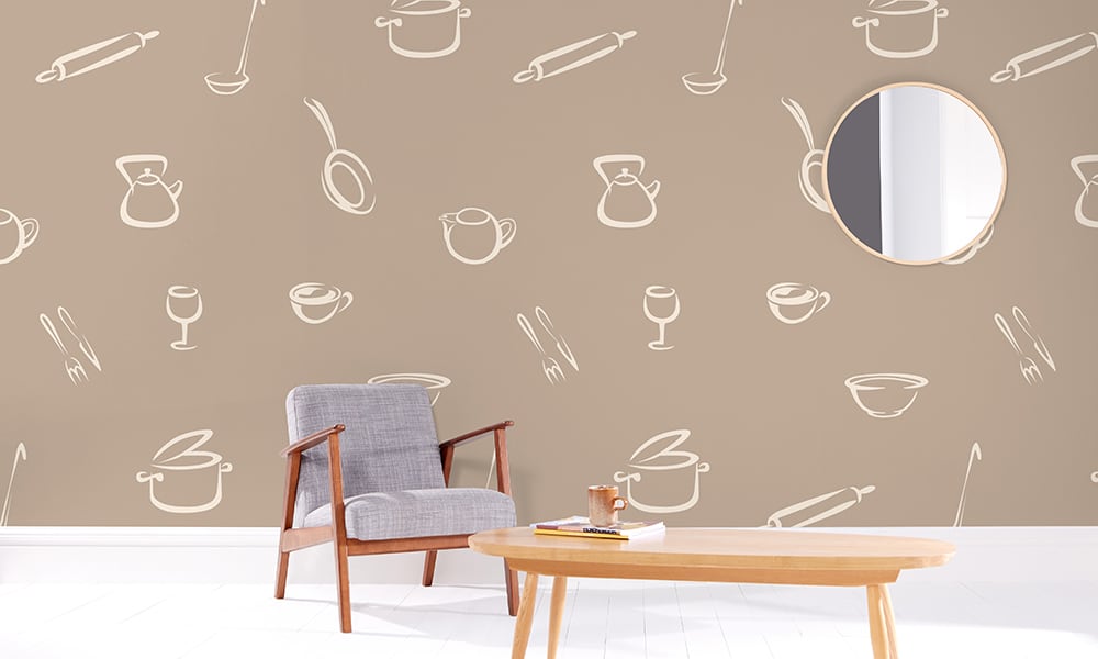Neutral wallpaper design with large-scale kitchen illustrations 