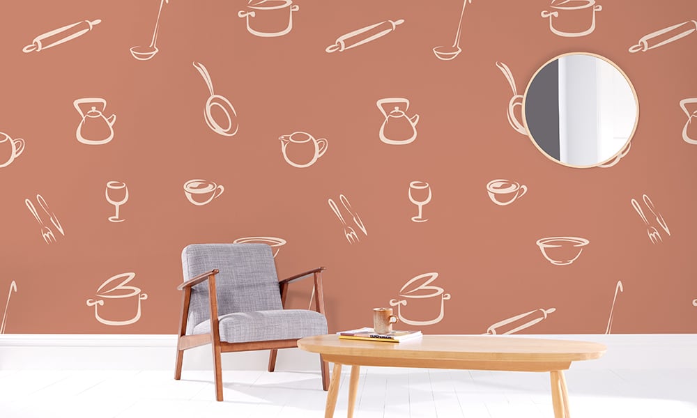Red wallpaper design with large-scale kitchen illustrations 