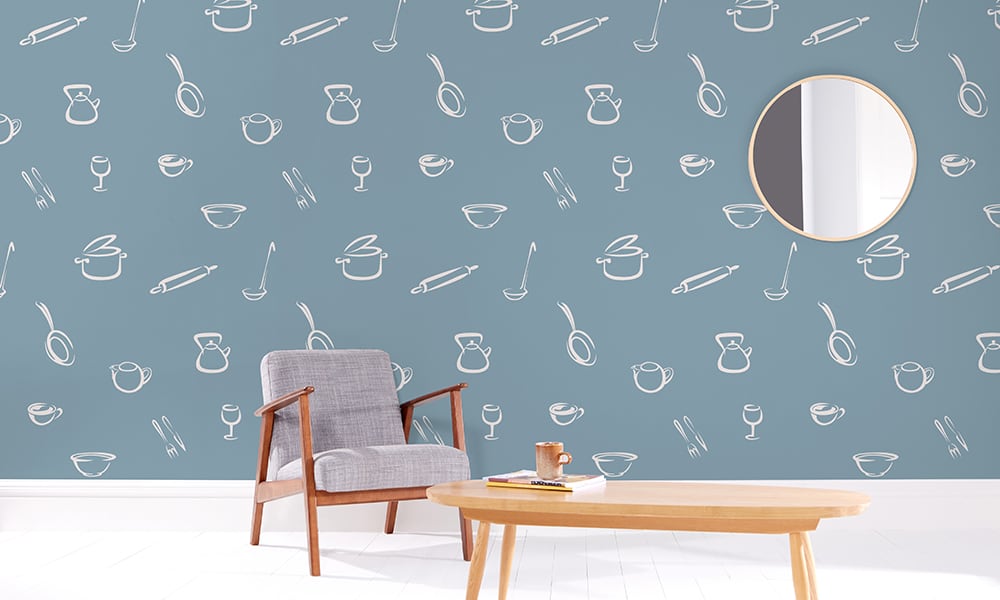 Blue wallpaper design with delicate kitchen-themed illustrations 