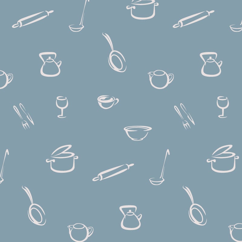 Kitchen-themed wallpaper in a bold blue colour with a grey chair