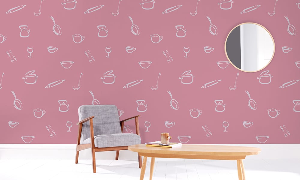 Kitchen-themed illustrated wallpaper pattern in pink