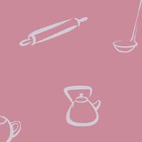 Bold and bright pink kitchen-themed wallpaper with a grey chair