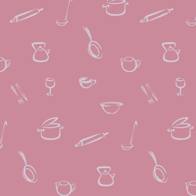 Bold and bright pink kitchen-themed wallpaper with a grey chair