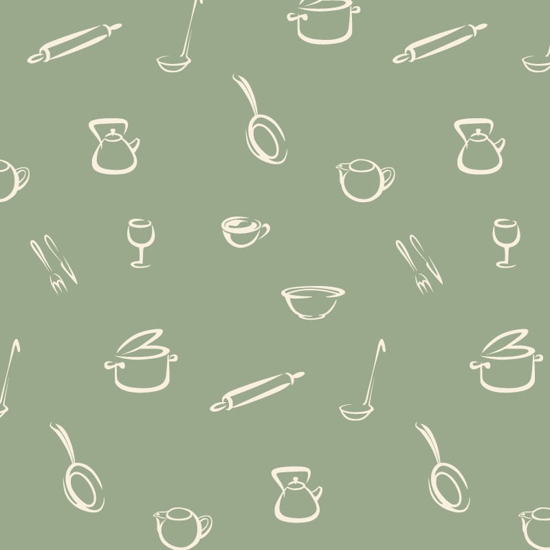 Kitchen-themed wallpaper in a bold green colour with a grey chair