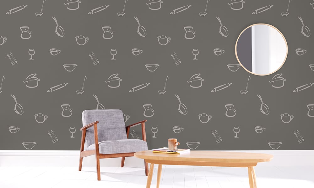 Contemporary kitchen-themed illustrated wallpaper pattern in dark grey