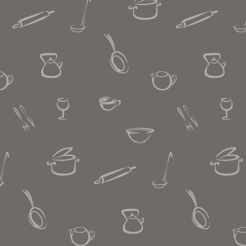 Bold and dark grey kitchen-themed wallpaper with a grey chair