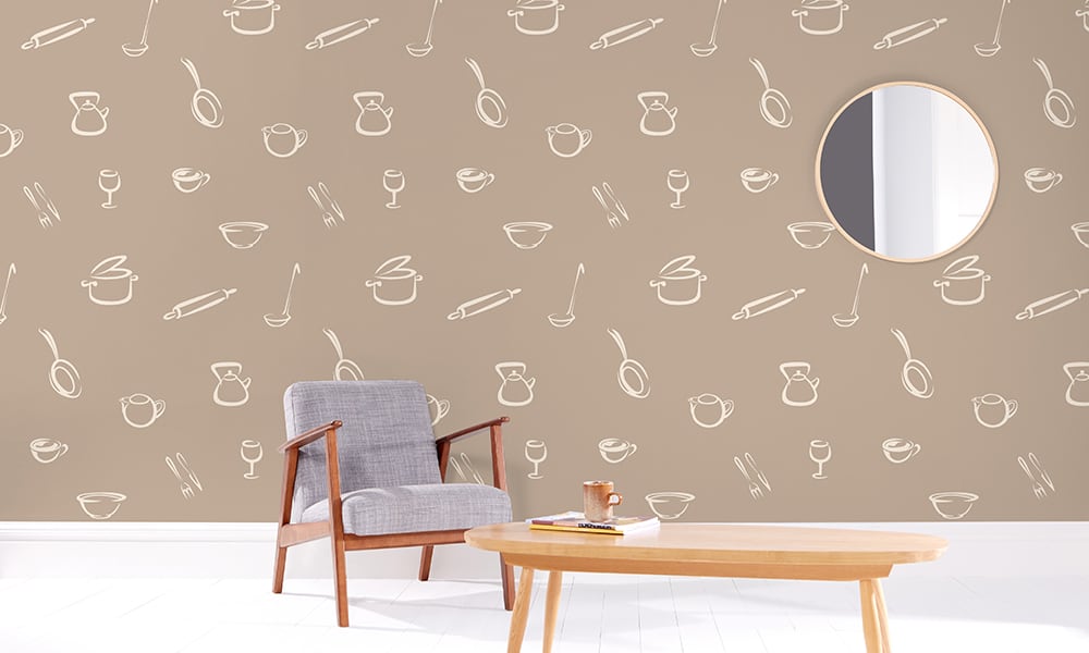 Taupe wallpaper design with delicate kitchen-themed illustrations 