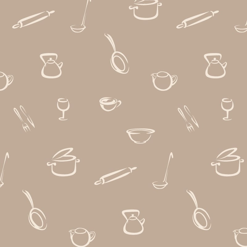 Kitchen-themed wallpaper in a neutral taupe colour with a grey chair