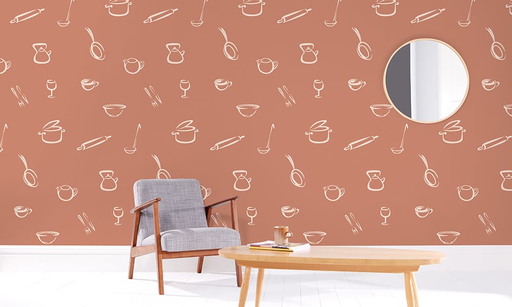 Orange red wallpaper design with delicate kitchen-themed illustrations 