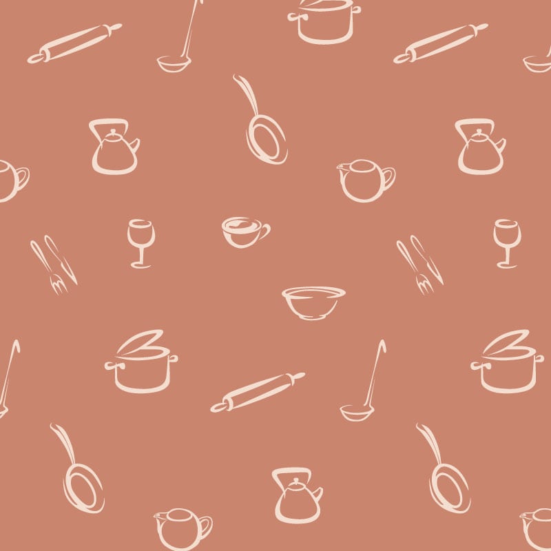 Kitchen-themed wallpaper in a red terracotta colour with a grey chair