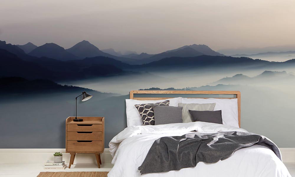 Misty moutain scene wall mural in a modern scandi bedroom