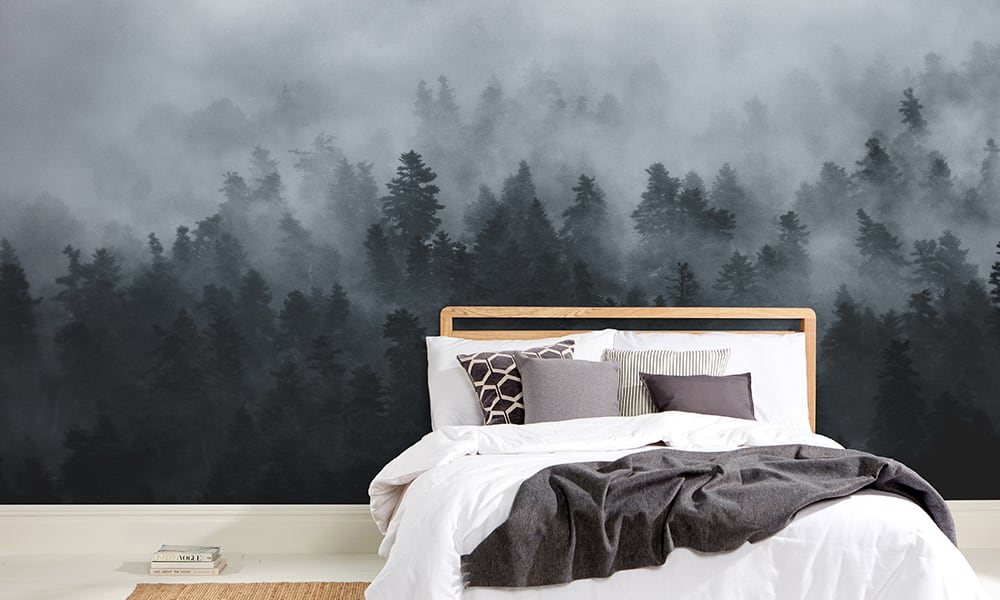 Minimalist style bedroom with a foggy forest wall mural