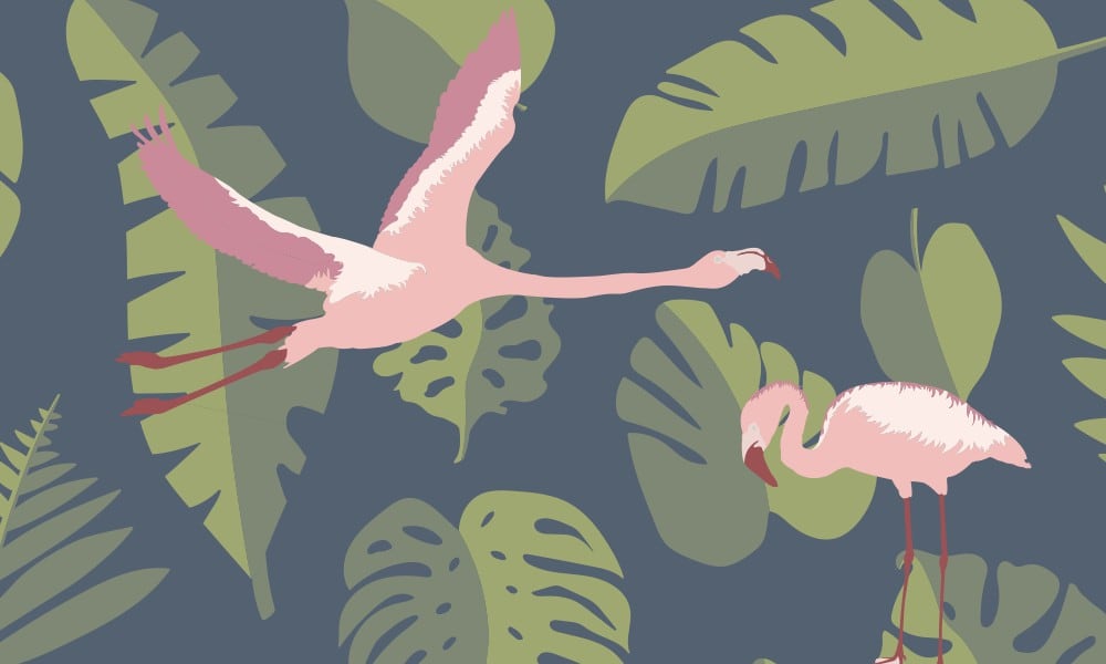 Flamingo themed wall mural with large green leaves and a navy blue background