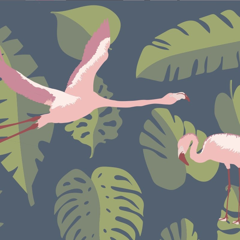 Grey chair in a living room with navy flamingo wallpaper