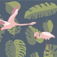Grey chair in a living room with navy flamingo wallpaper