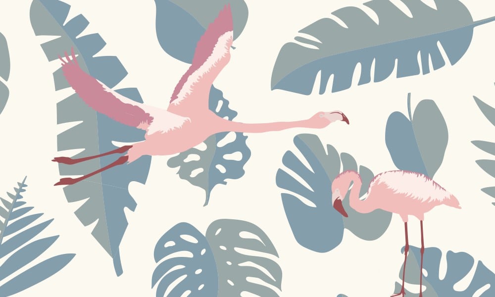 White backdrop with pink flamingo and teal leaves