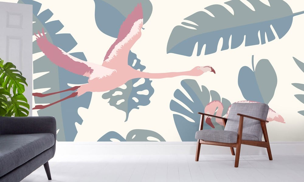 Living room with modern grey furniture and flamingo wall mural 