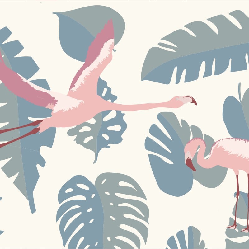 Grey chair with flamingo pink and teal wallpaper in a living room