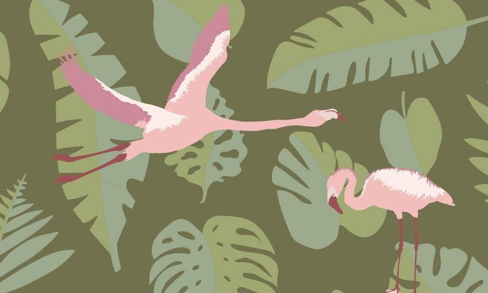 Wallpaper design with khaki green leaves and background and pink flamingos 