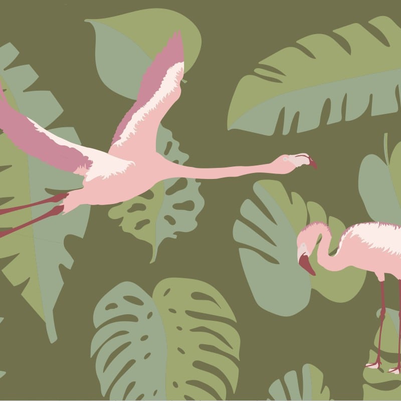 Living room with green and pink flamingo themed wall mural.