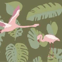 Living room with green and pink flamingo themed wall mural.