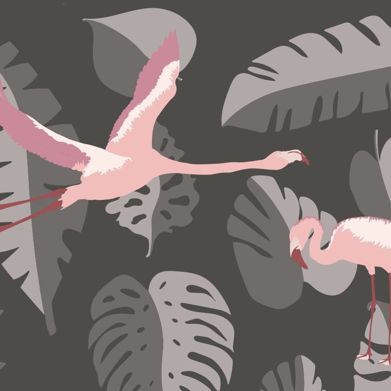 Living room with grey furniture and dark grey and pink flamingo wall mural