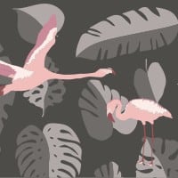 Living room with grey furniture and dark grey and pink flamingo wall mural
