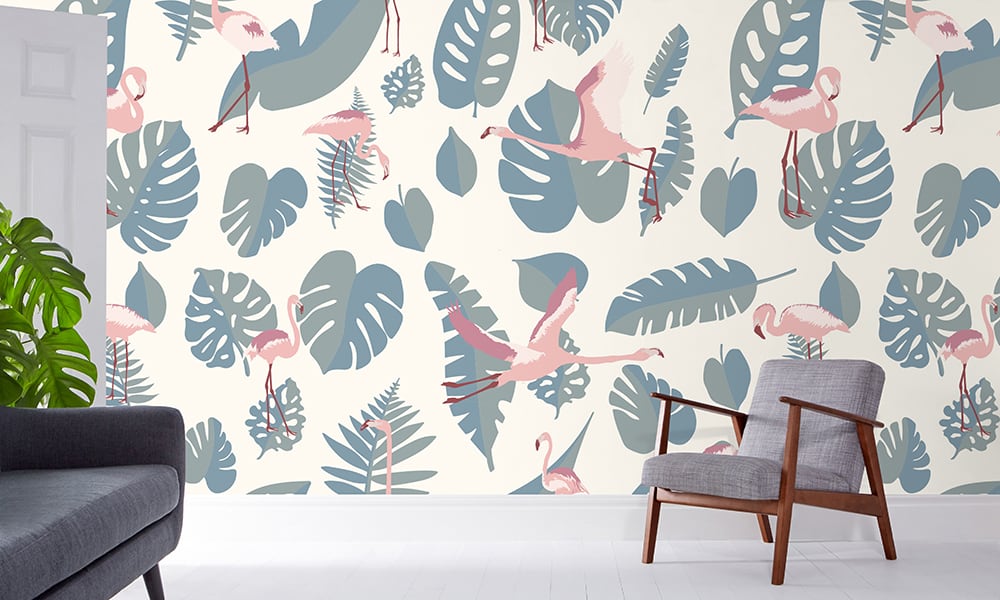 Large-scale pink flamingo wallpaper with green leaves