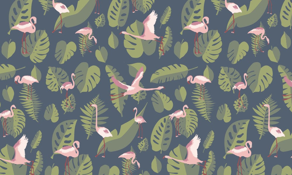 Pink flamingo wallpaper with navy background and green leaves