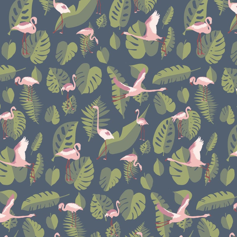 Navy wallpaper with pink flamingos and green leaves in a living room