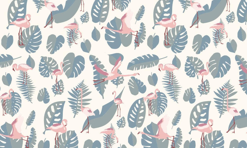 Pink flamingo wallpaper with neutral background and teal leaves