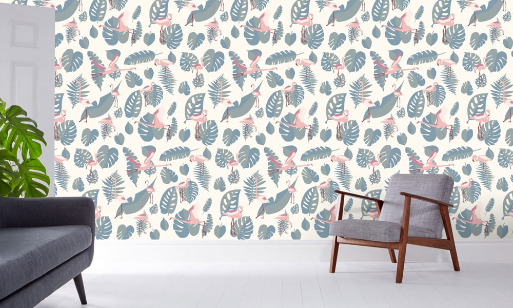 Pink flamingo wallpaper with teal leaves in a lounge