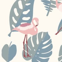 Flamingo wallpaper with teal leaves and a neutral background in a lounge