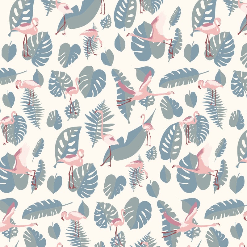 Flamingo wallpaper with teal leaves and a neutral background in a lounge