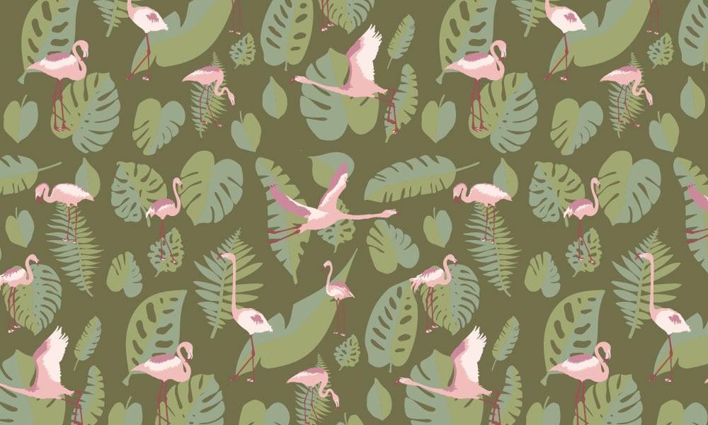 Flamingo wallpaper with green leaves