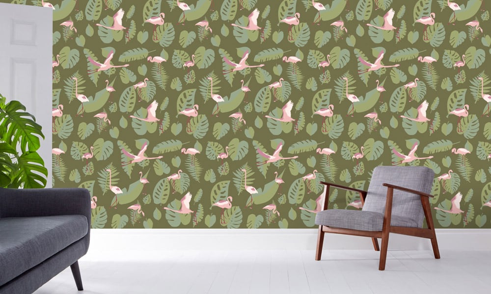 Flamingo wallpaper with green background in a living room