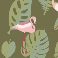 Green and pink flamingo wallpaper in a living room 