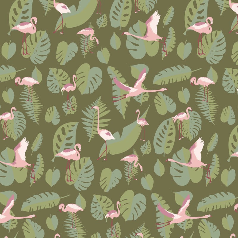 Green and pink flamingo wallpaper in a living room 