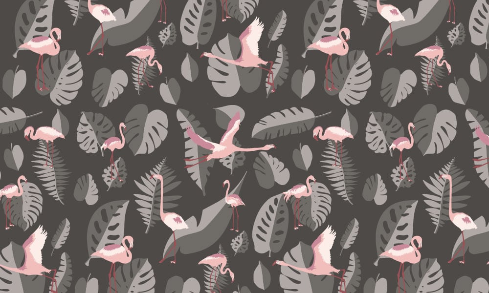 Dark grey leaves with pink flamingos wallpaper