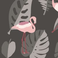 Dark grey wallpaper with pink flamingos in a living room