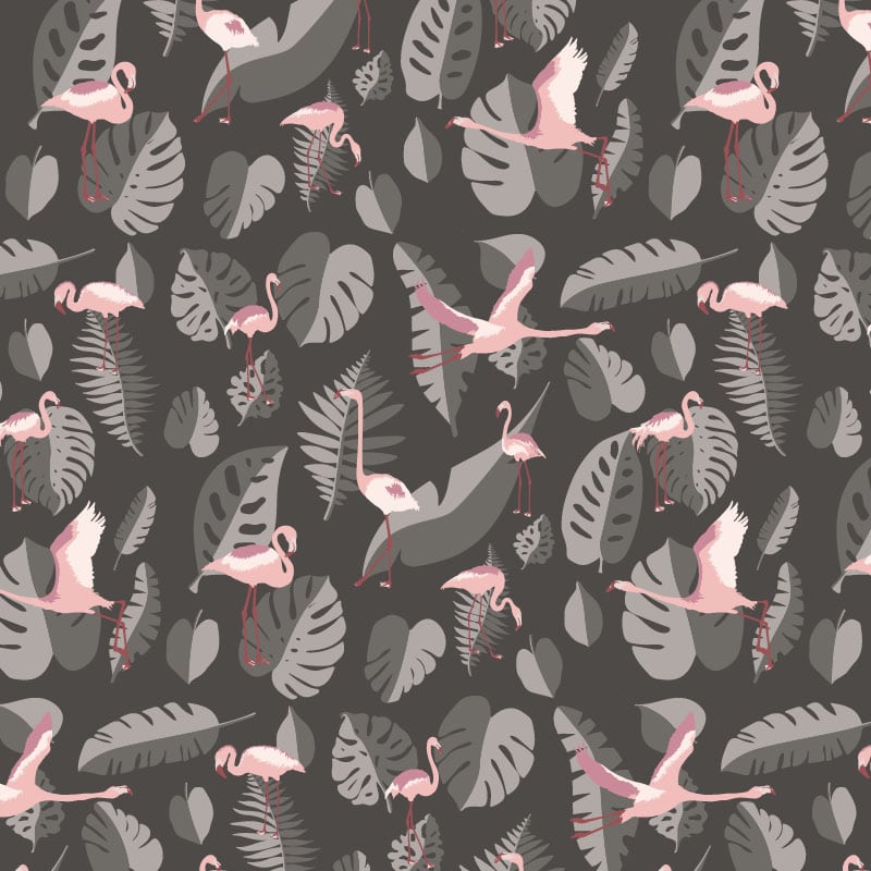 Dark grey wallpaper with pink flamingos in a living room