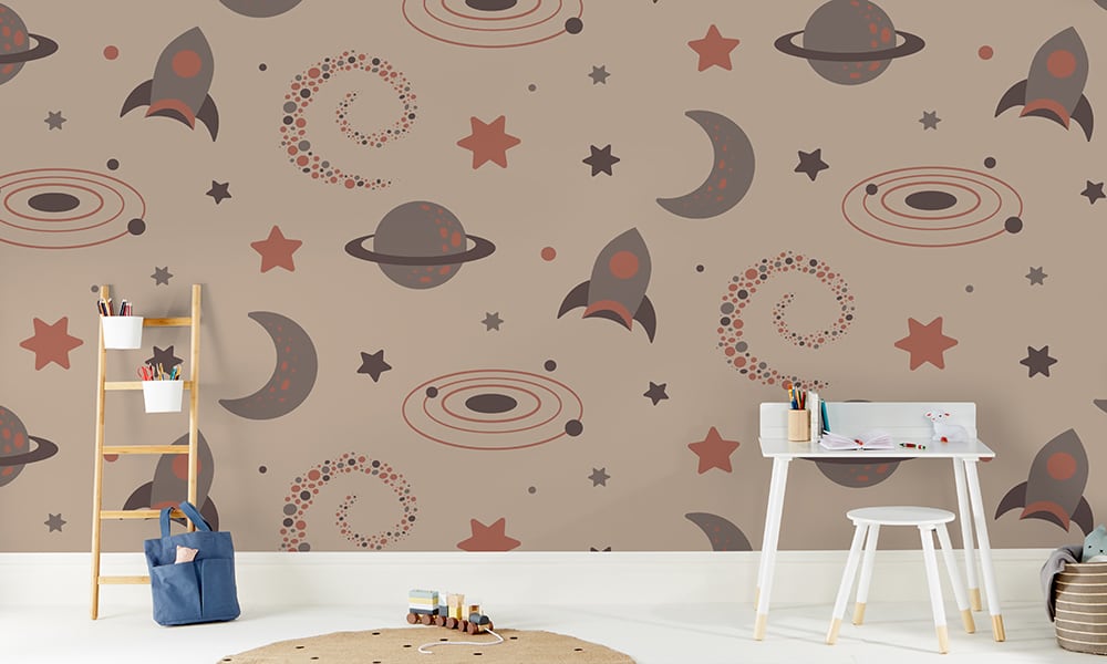 Large-scale kid's space wallpaper with rockets, stars and moons