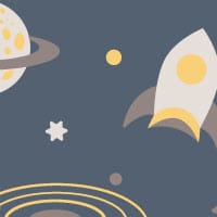 Space-themed wallpaper with rockets, stars and moons in a child's bedroom