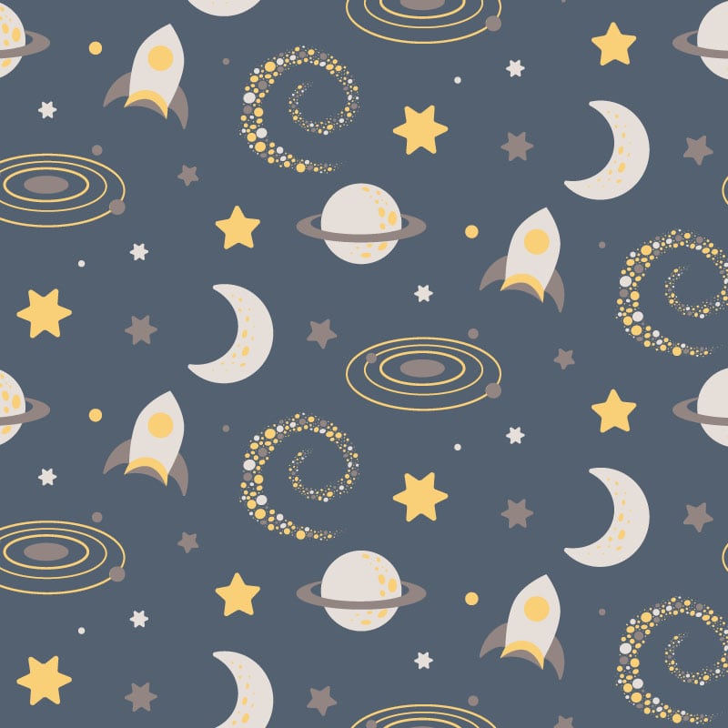 Space-themed wallpaper with rockets, stars and moons in a child's bedroom