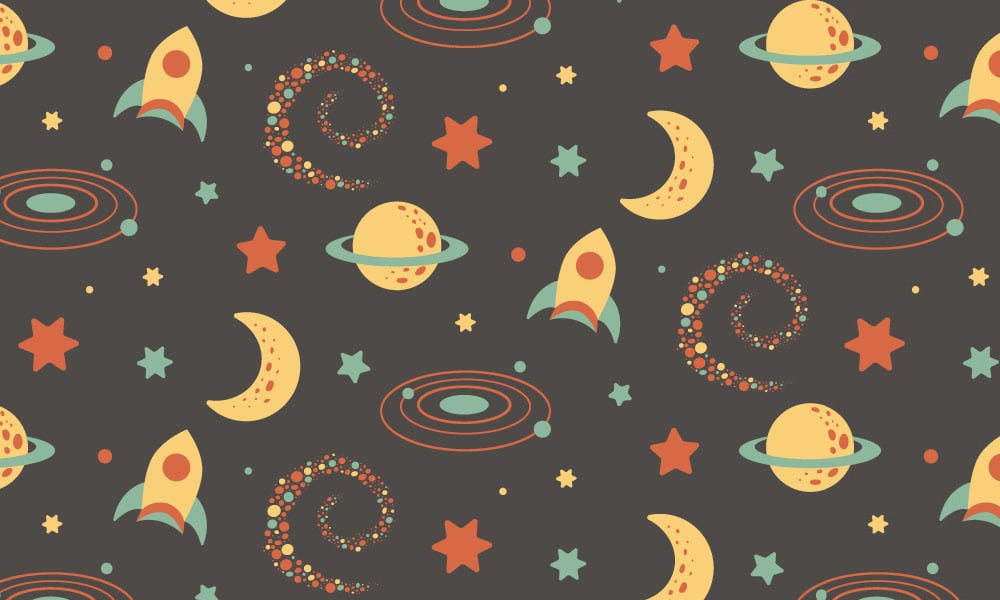 Black night sky with yellow and red rockets moon and stars wallpaper