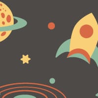 Rocket, stars and moon wallpaper for children in black, yellow and red